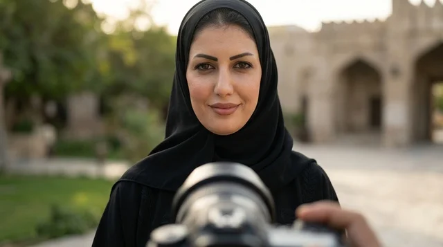 Arab Woman Photographer with Camera at Heritage Site