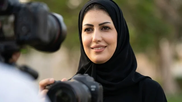 Arab Female Photographer Holding Professional Camera