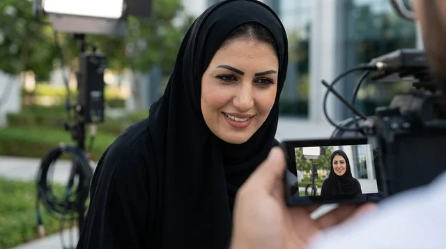 Arab Woman Presenter Filming Media Video Interview