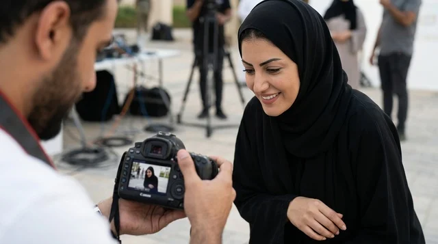 مصور يعرض لقطة الكاميرا على امرأة عربية بالعباءة