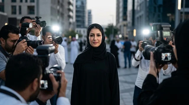 امرأة عربية بالعباءة مع مصوري الباباراتزي في المدينة