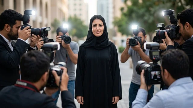 Arab Woman in Abaya Surrounded by Paparazzi Flashes