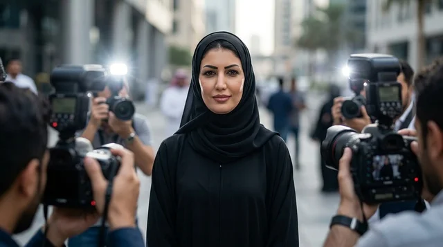 امرأة عربية بالعباءة وسط كاميرات الصحفيين والإعلام