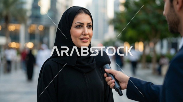 مقابلة صحفية مع امرأة عربية بالعباءة والحجاب في الشارع
