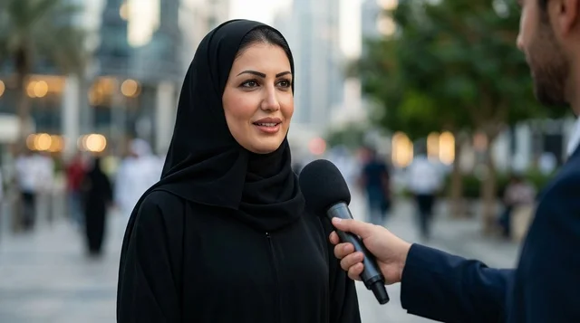 Arab Woman Interviewed with Microphone on City Street