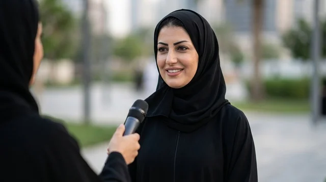 امرأة عربية بالعباءة والحجاب تتحدث في مقابلة صحفية خارجية