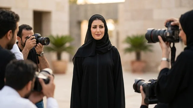 امرأة عربية بالعباءة تقف أمام المصورين الصحفيين