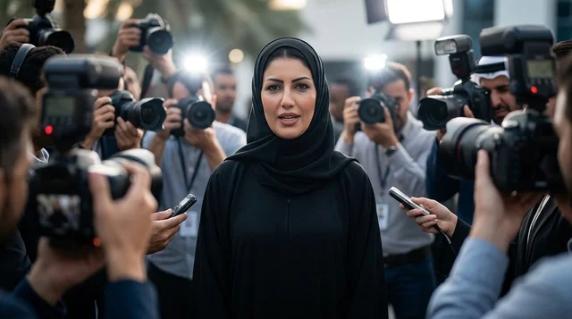 متحدثة رسمية عربية في مؤتمر صحفي وسط وسائل الإعلام
