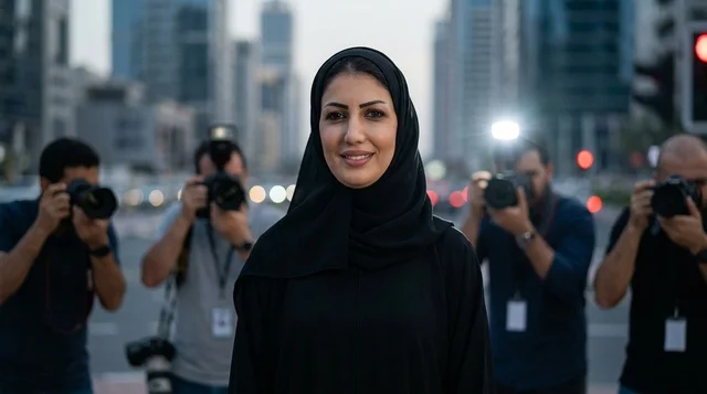 Arab Woman in Abaya Surrounded by Paparazzi in City