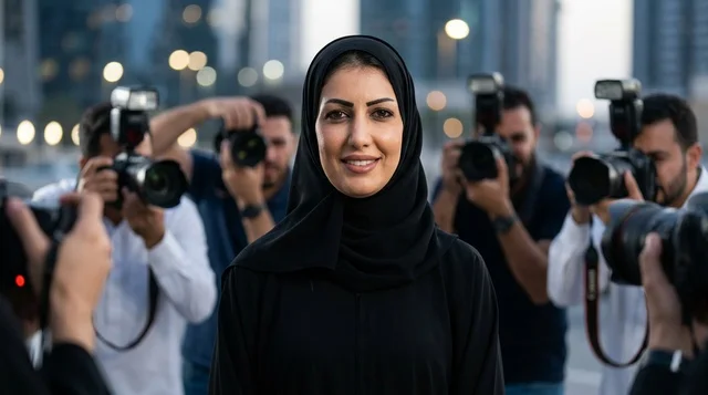 Arab Woman Celebrity with Paparazzi and Media Cameras