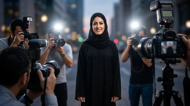 امرأة عربية بالعباءة تبتسم لوسائل الإعلام والصحافة