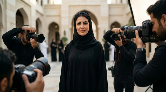 امرأة عربية بالعباءة محاطة بالمصورين ووسائل الإعلام