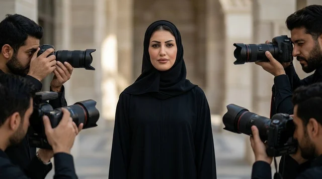 Arab Woman in Abaya Surrounded by Media Photographers