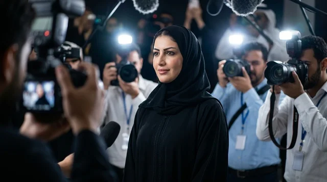 سيدة عربية بالعباءة في مؤتمر صحفي مع مصوري الإعلام