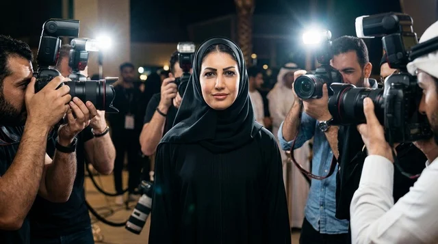 سيدة عربية بالعباءة في مؤتمر صحفي محاطة بالمصورين