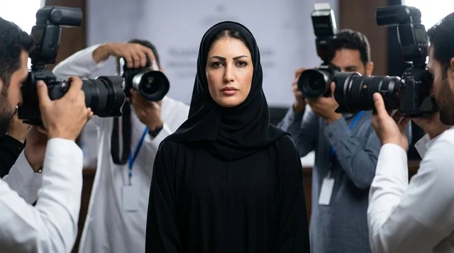 امرأة عربية بالعباءة السوداء في مؤتمر صحفي وإعلامي