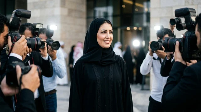 Arab Woman in Abaya Smiling at Paparazzi Media Event