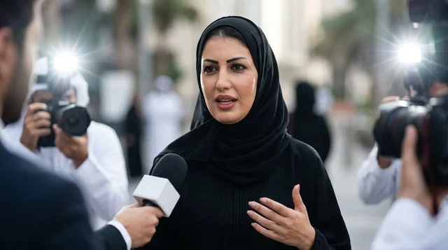 امرأة عربية بالحجاب تتحدث لوسائل الإعلام والصحافة