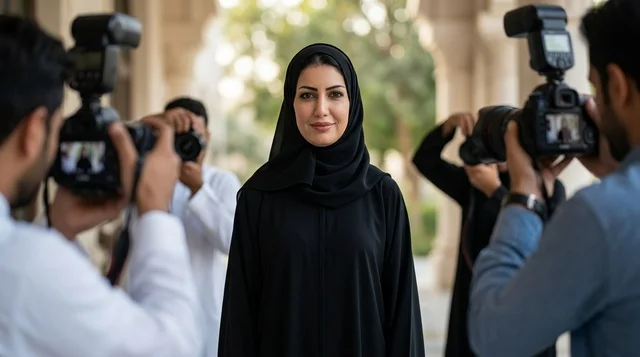 Arab Woman in Black Abaya Surrounded by Photographers