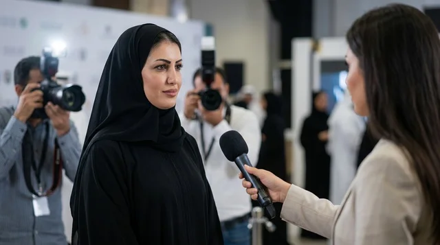 سيدة عربية خليجية تجري مقابلة صحفية في مؤتمر إعلامي