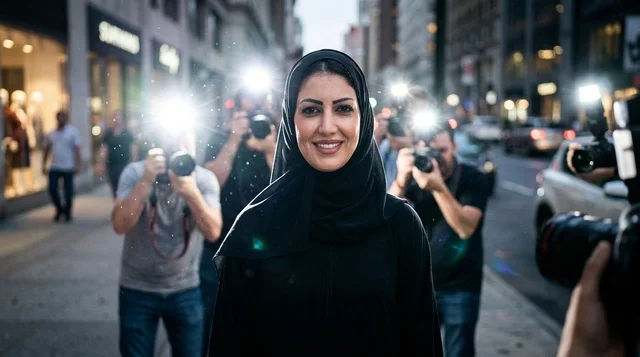 امرأة عربية مشهورة مع مصوري الباباراتزي في الشارع