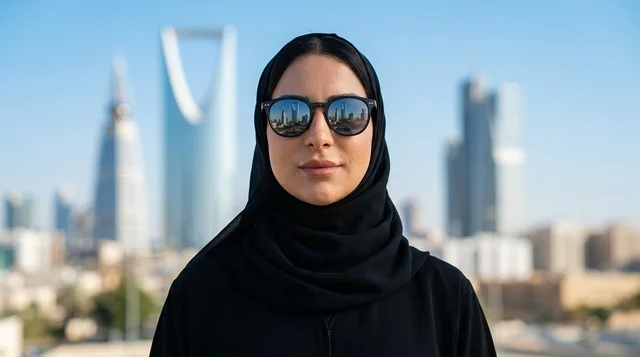 امرأة سعودية بالحجاب والنظارات في أفق مدينة الرياض امرأة سعودية بالحجاب والنظارات في أفق مدينة الرياض