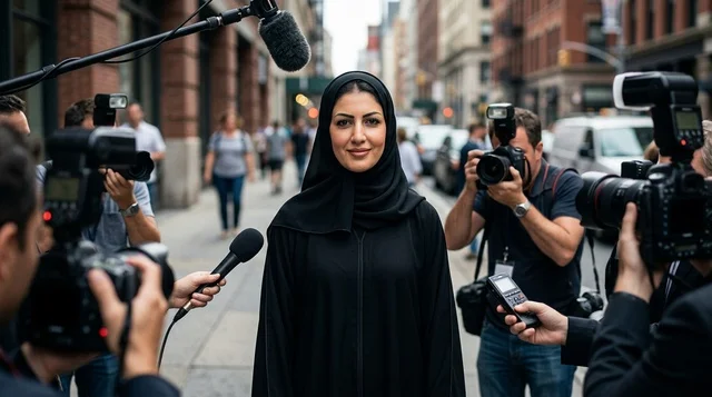 Arab Woman in Abaya Interviewed by Media on Street