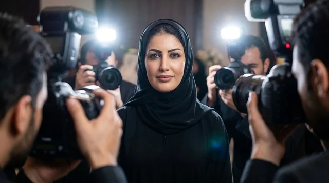 Arab Woman Celebrity at Press Conference with Paparazzi