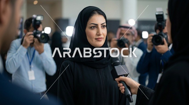 امرأة عربية في مقابلة صحفية خلال مؤتمر إعلامي