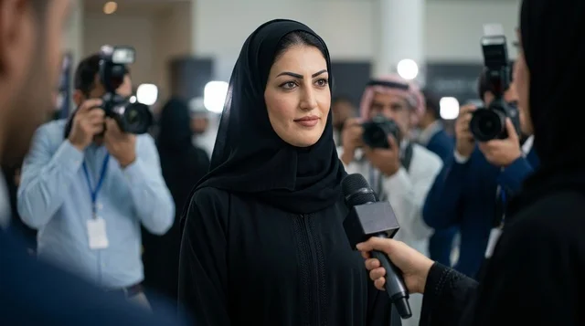 امرأة عربية في مقابلة صحفية خلال مؤتمر إعلامي