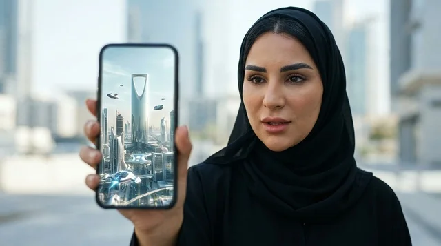 امرأة عربية تحمل هاتفاً ذكياً يعرض الرياض المستقبلية