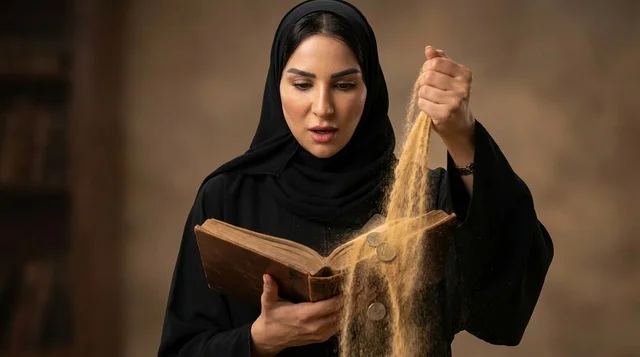 امرأة سعودية ترتدي عباءة وتحمل كتاباً قديماً ورمل امرأة سعودية ترتدي عباءة وتحمل كتاباً قديماً ورمل