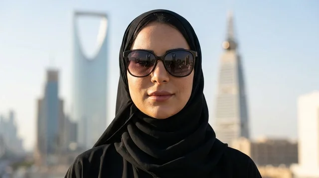 امرأة سعودية بالعباءة والنظارات الشمسية خلفها أفق الرياض