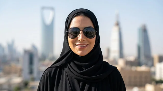 Saudi Woman in Abaya with Riyadh Skyline Background