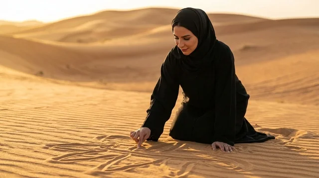 Arab Woman in Black Abaya Drawing on Desert Sand Dunes