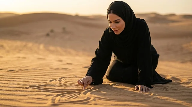 امرأة إماراتية ترسم على رمال الصحراء وقت الغروب