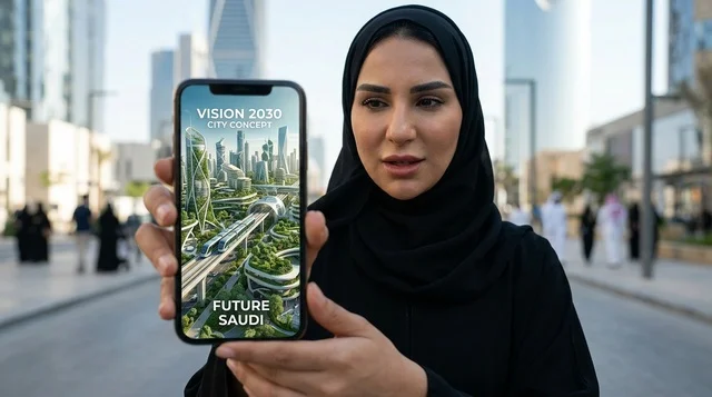 امرأة سعودية تعرض هاتف ذكي يحمل رؤية المملكة 2030