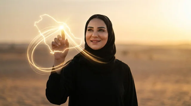 امرأة سعودية تتفاعل مع خريطة هولوغرام في الصحراء