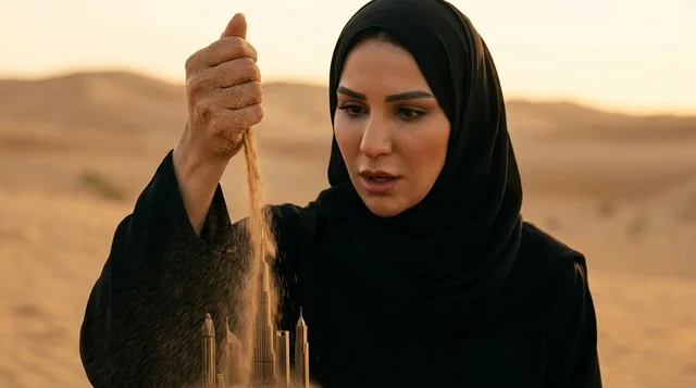 امرأة عربية في الصحراء مع مجسم مدينة صغير وقت الغروب