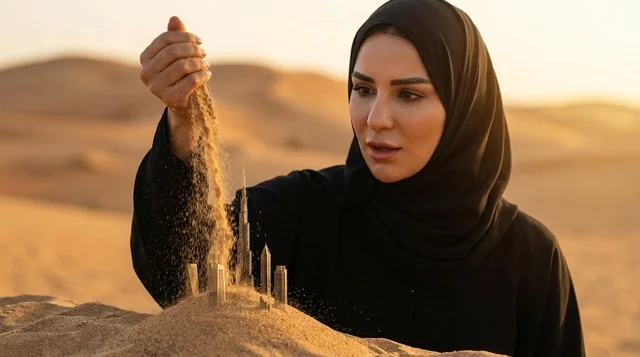 Arab Woman Building Dubai Sand Sculpture in Desert