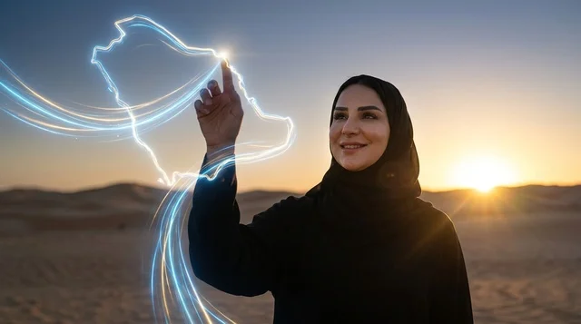 امرأة سعودية مع خريطة هولوغرام في الصحراء وقت الغروب