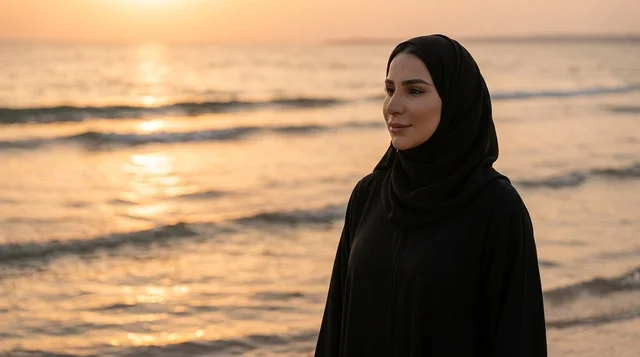 امرأة عربية بالعباءة على الشاطئ وقت الغروب