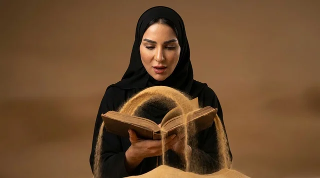 امرأة عربية تحمل كتاباً يتدفق منه الرمل في الاستوديو