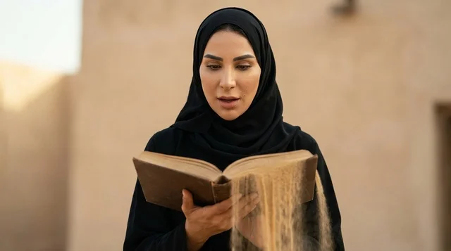 امرأة عربية بالعباءة تحمل كتابا يتدفق منه الرمل