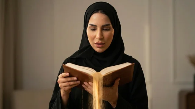 Arab Woman in Black Hijab Holding a Glowing Magic Book