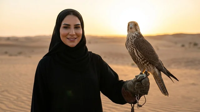 امرأة عربية تحمل صقراً في الصحراء عند غروب الشمس امرأة عربية تحمل صقراً في الصحراء عند غروب الشمس