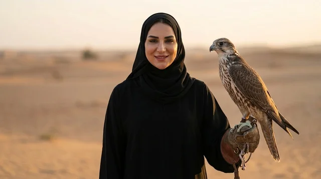 امرأة عربية مع صقر في الصحراء وقت غروب الشمس الدافئ