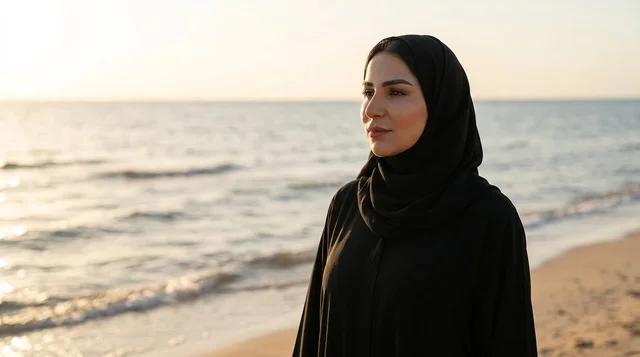 امرأة عربية بالعباءة السوداء على الشاطئ وقت الغروب