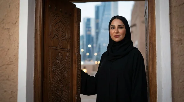 امرأة سعودية بالعباءة عند باب تراثي وخلفية ناطحات سحاب