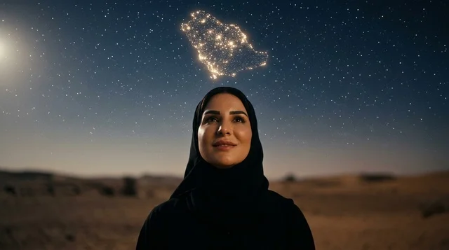 Saudi Woman in Desert Looking at Starry Map Constellation